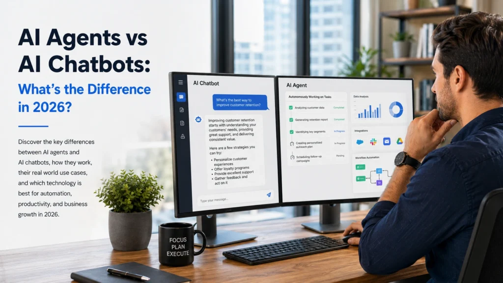 AI Agents vs AI Chatbots comparison showing a professional analyzing automation and chatbot workflows on dual monitors