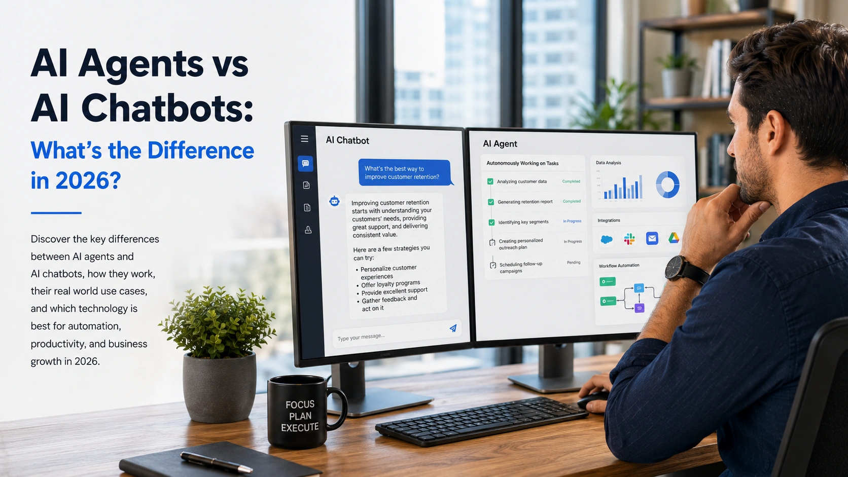 AI Agents vs AI Chatbots comparison showing a professional analyzing automation and chatbot workflows on dual monitors