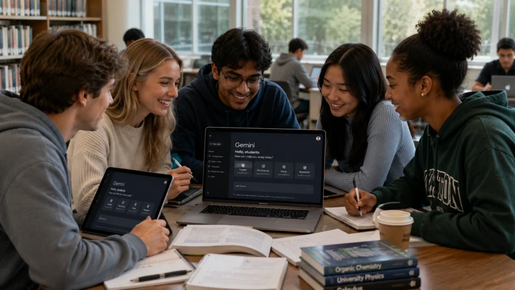 Group of students using Google Gemini on laptops and tablets in a library study session, collaborating on research, assignments, and academic projects.