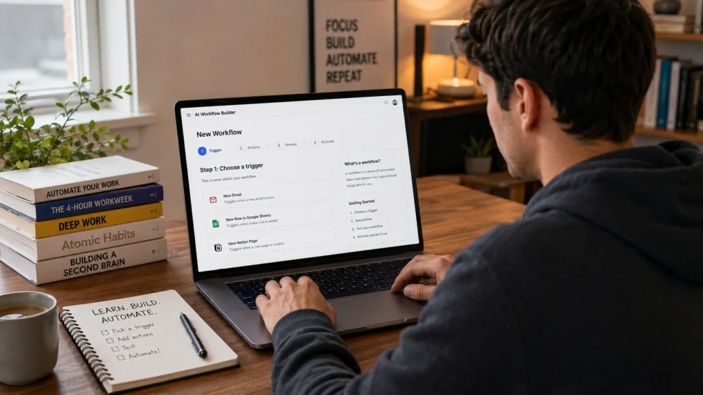Beginner creating their first AI workflow automation on a laptop, setting up simple triggers and actions in a no-code automation platform at a home office workspace.
