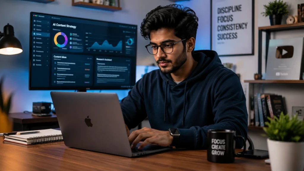 Creator using AI tools and content strategy dashboards to improve productivity and online growth