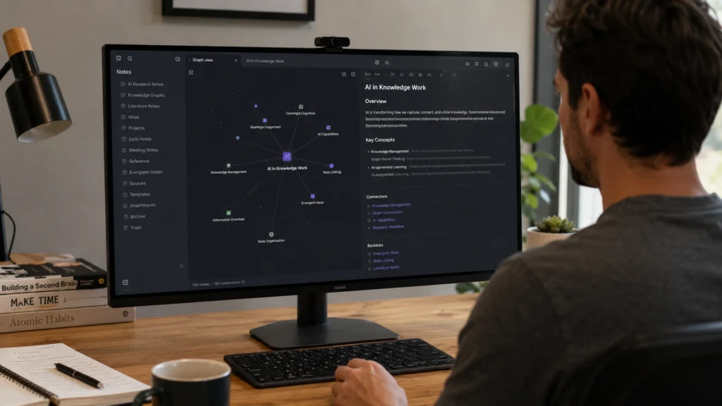 Researcher using Obsidian AI plugins to create knowledge graphs, connect notes, organize research, and manage a personalized knowledge base in a customizable workspace.