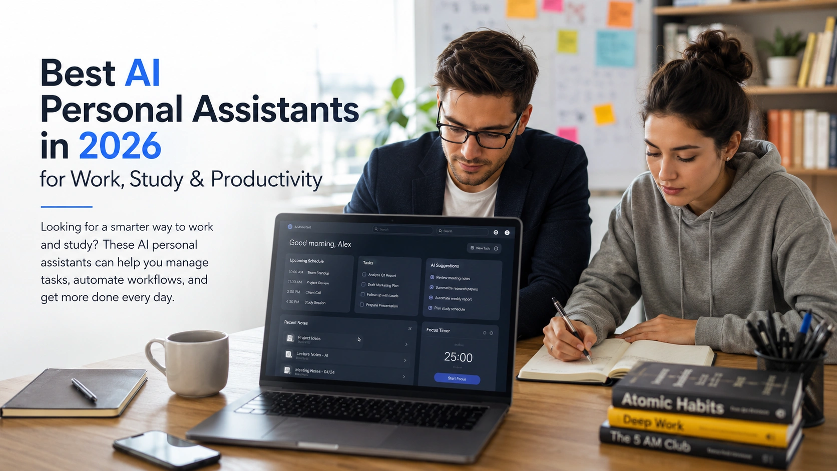Student and professional using an AI personal assistants on a laptop to manage tasks, schedules, study plans, and productivity workflows in a modern workspace.