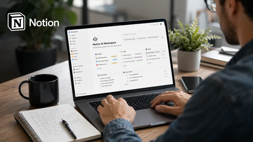 Professional using Notion AI on a laptop to organize notes, manage tasks, summarize information, and maintain a centralized knowledge workspace.