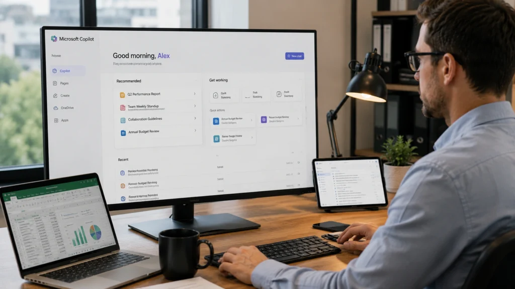 Professional using Microsoft Copilot on a desktop workstation with Microsoft 365 applications, analyzing spreadsheets, managing documents, and improving workplace productivity through AI assistance.