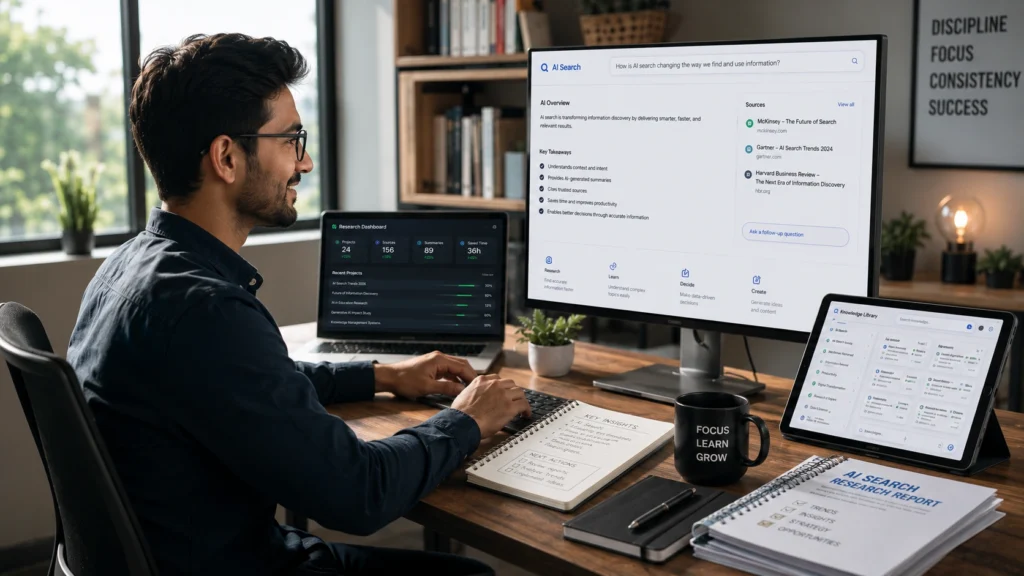 Professional using AI search technology on multiple devices to research information, review AI-generated summaries, analyze sources, and improve productivity in a modern workspace.