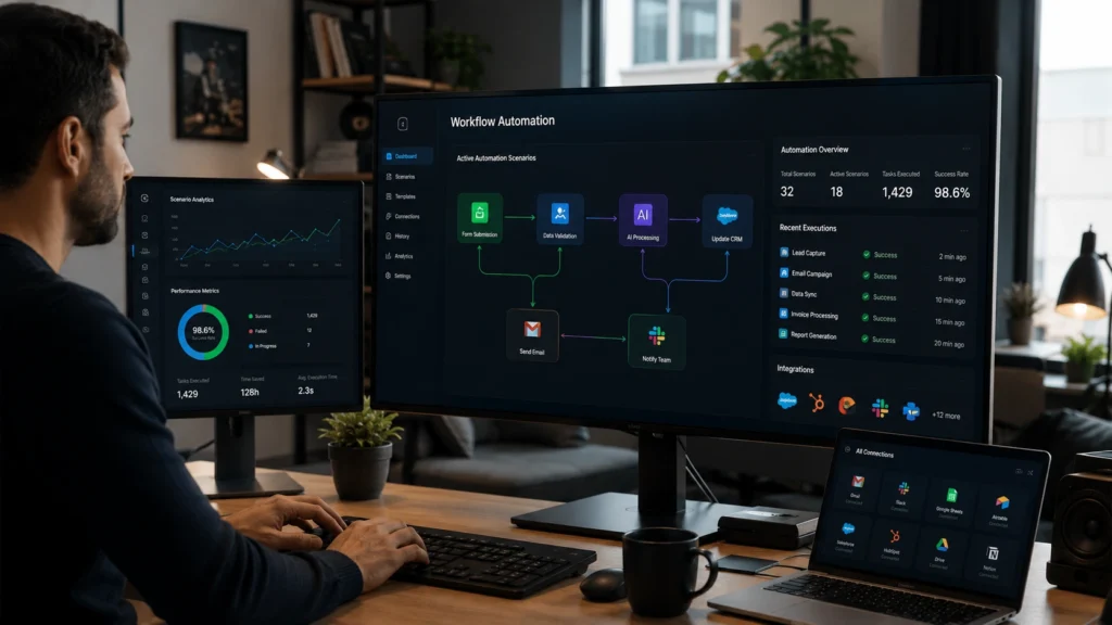 Professional using Zapier workflow automation software to connect apps, automate business processes, and manage workflows through a visual dashboard.