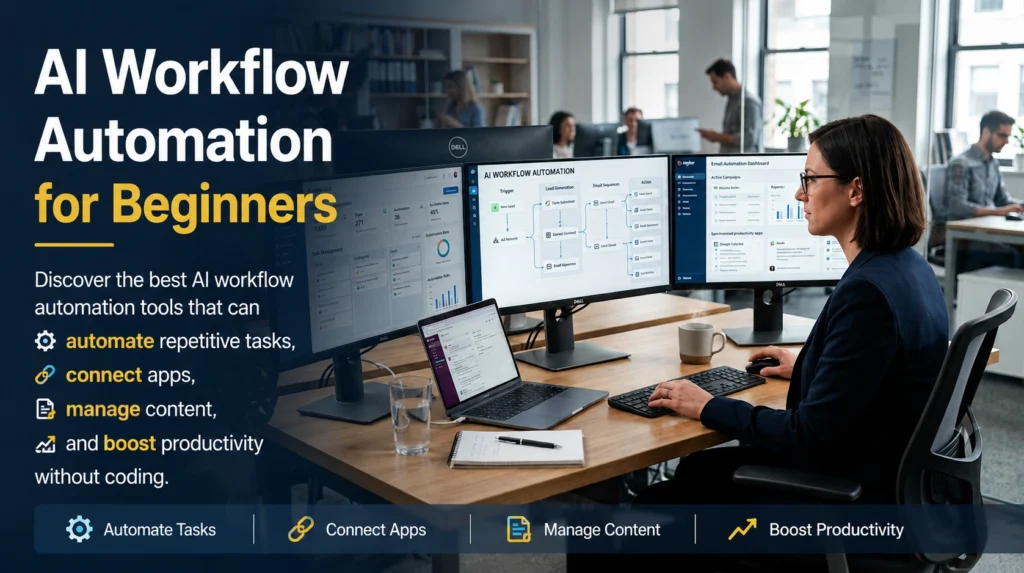 Professional using AI workflow automation tools to automate tasks, connect applications, manage workflows, and improve productivity.