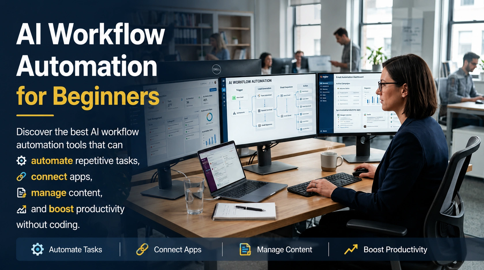 Professional using AI workflow automation tools to automate tasks, connect applications, manage workflows, and improve productivity.