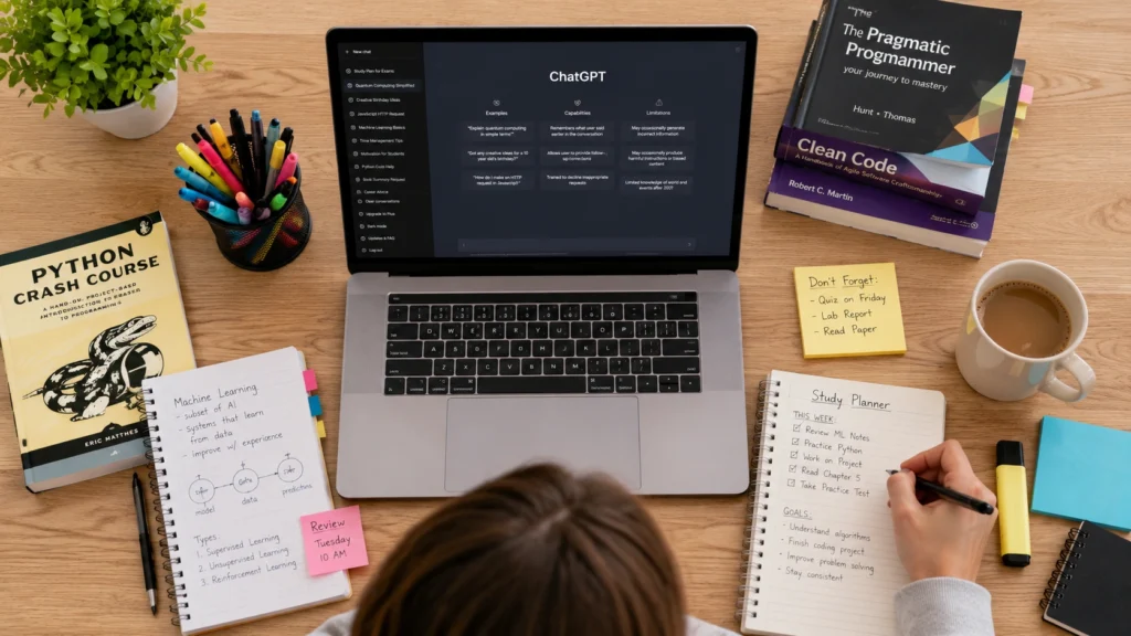 Laptop displaying ChatGPT study prompts for learning, revision, productivity, research, and exam preparation, surrounded by books, notes, and study materials on a student's desk.