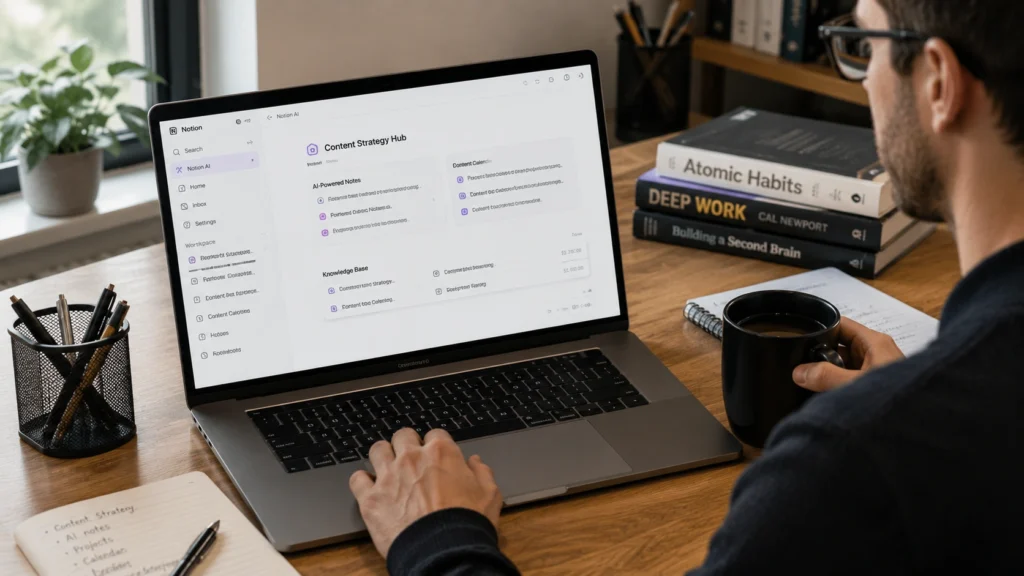 Professional using Notion AI on a laptop to organize notes, manage projects, track tasks, and maintain a centralized knowledge management system in a productive workspace.