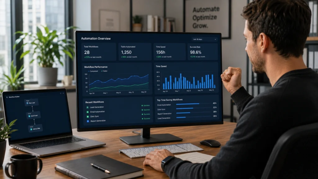 Professional reviewing AI workflow automation performance dashboard showing automated tasks, workflow analytics, productivity metrics, and business process optimization.