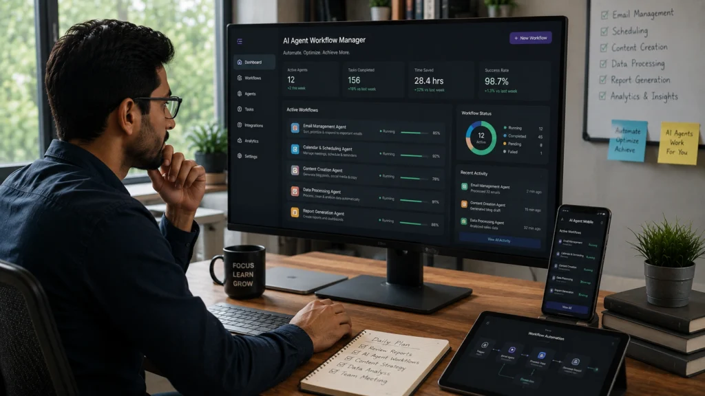 Professional monitoring an AI workflow automation dashboard that manages email automation, content creation, scheduling, data processing, analytics, and business workflows across multiple connected devices.
