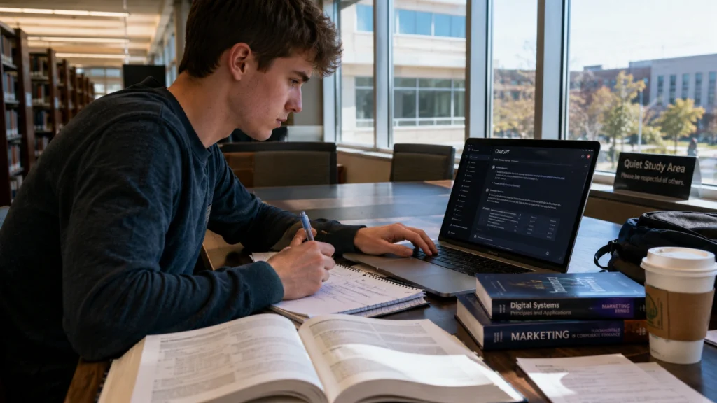 University student using ChatGPT on a laptop in a library study area to research topics, take notes, understand complex concepts, and improve learning efficiency.