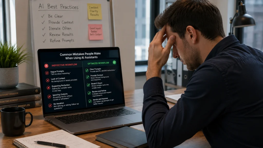 Professional reviewing AI assistant recommendations while learning about privacy risks, data security, and responsible AI usage in a modern office workspace.
