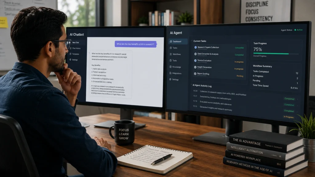 Side-by-side comparison of an AI chatbot and an AI agent dashboard showing differences in automation, workflow management, task execution, tool integration, and autonomous decision-making capabilities.