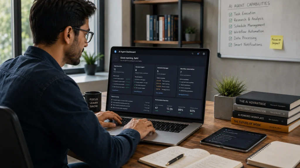Professional using an AI agent dashboard on a laptop to automate tasks, manage workflows, analyze data, and improve productivity in a modern office environment.