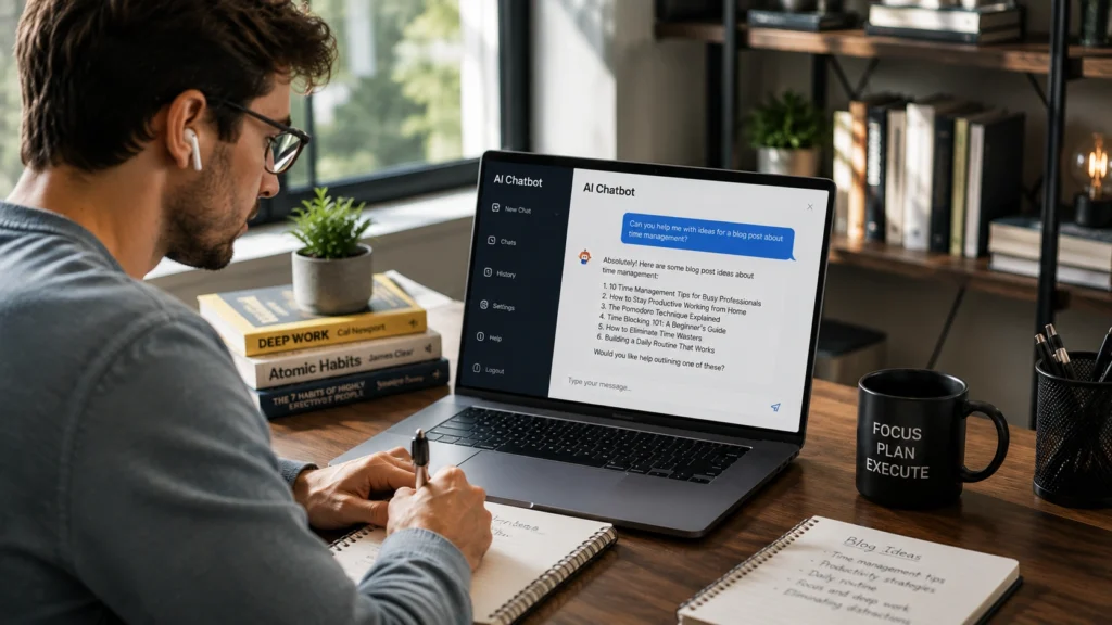 Person using an AI chatbot on a laptop for brainstorming, writing assistance, content ideas, and productivity in a modern home office workspace.