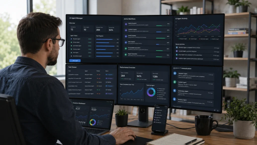 Professional managing multiple AI agents through centralized dashboards to monitor workflows, automate tasks, analyze performance, and coordinate AI-powered business operations.