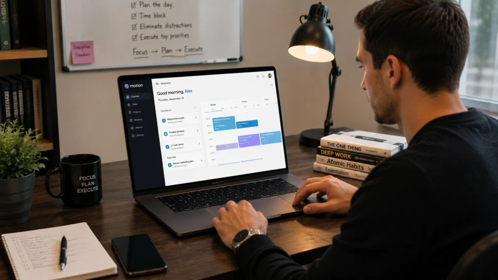 Professional using Motion AI on a laptop to manage calendar events, schedule tasks, prioritize work, and optimize daily productivity in a focused workspace.