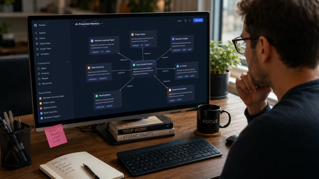 Professional using Evernote AI to organize documents, search notes, generate summaries, manage knowledge, and connect information in a digital workspace.
