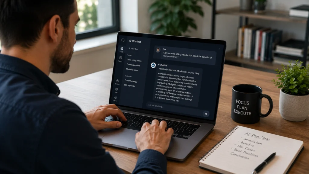 Professional using an AI chatbot on a laptop to generate content, answer questions, and improve productivity