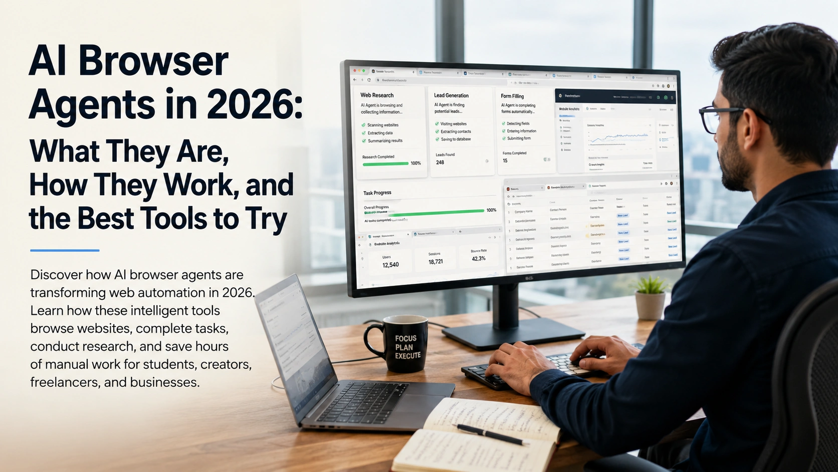 Professional using ai browser agents to automate web research, lead generation, form filling, and workflow automation in 2026.