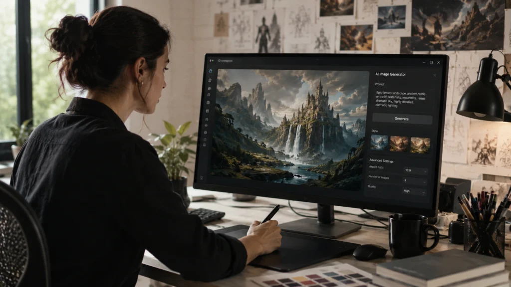 Professional using an AI image generation tool to create digital artwork, marketing visuals, blog graphics, and creative designs on a computer workstation.