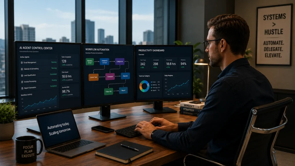 Professional using an AI agent dashboard to automate workflows, manage tasks, and optimize business operations across multiple screens in a modern office.