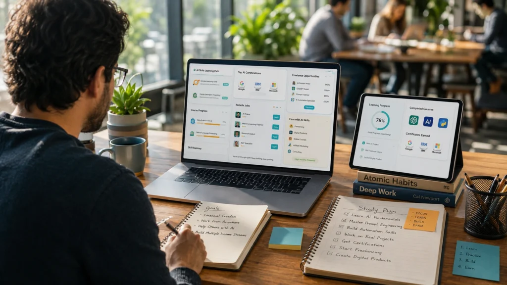 Person using AI learning websites and online platforms to develop practical AI skills, earn certifications, explore freelancing opportunities, and build multiple income streams through digital education.
