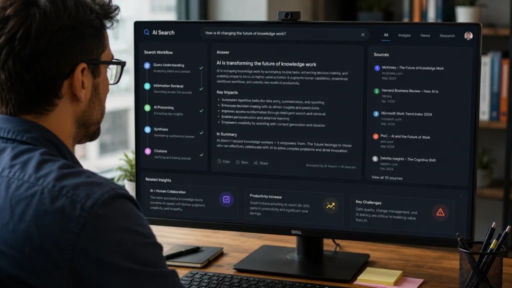 Professional using an AI search engine to analyze user queries, understand search intent, process information, evaluate sources, and generate accurate AI-powered answers.