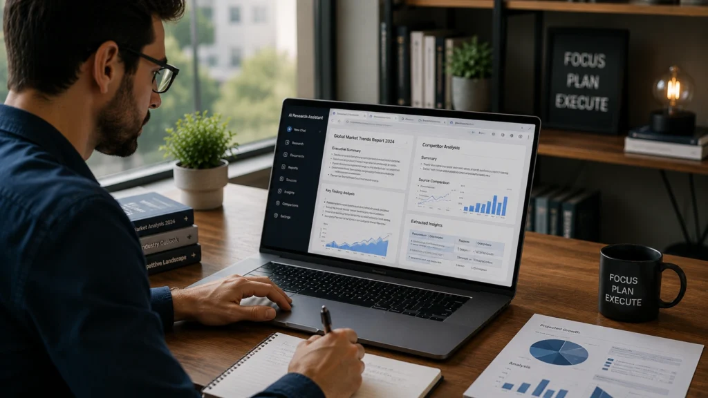 Professional using AI research and information analysis tools to summarize reports, compare data sources, extract insights, and analyze market trends on a laptop.