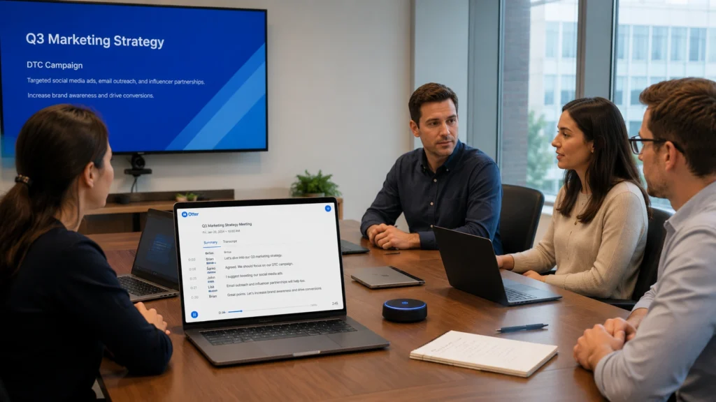 Team meeting using Otter AI to automatically transcribe discussions, generate meeting summaries, capture notes, and improve collaboration in a modern conference room.