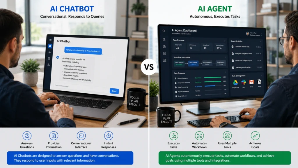 Side-by-side comparison of AI chatbots and AI agents showing conversational AI versus autonomous task automation