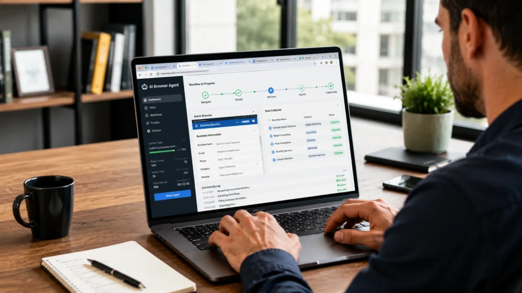 AI browser agent dashboard automating data collection, form filling, web research, and workflow management on a laptop.