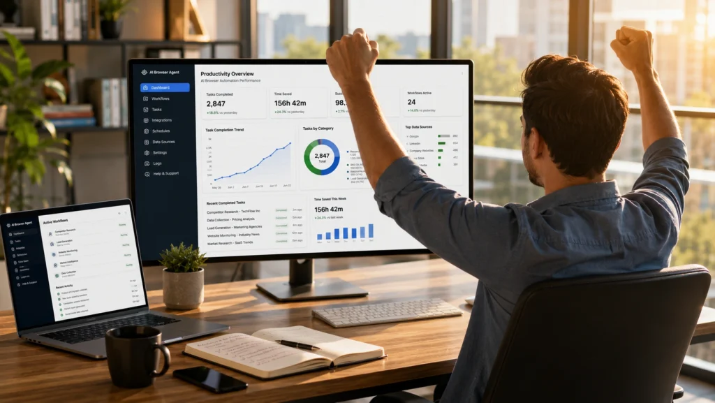 Professional celebrating increased productivity and time savings achieved through AI browser agents and workflow automation.