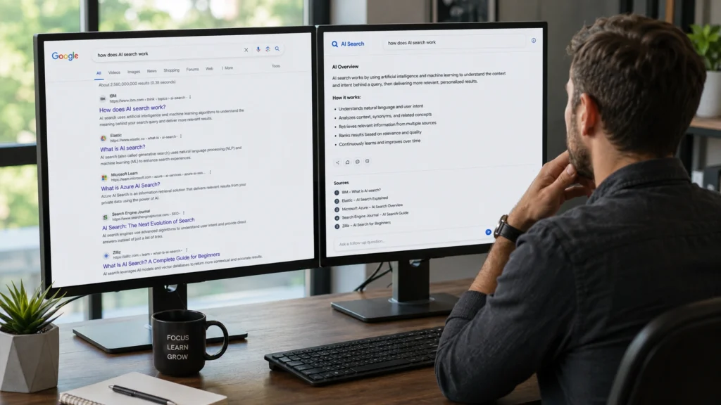 Professional comparing AI search and traditional search engines on dual monitors, analyzing search results, direct AI-generated answers, and information retrieval methods.