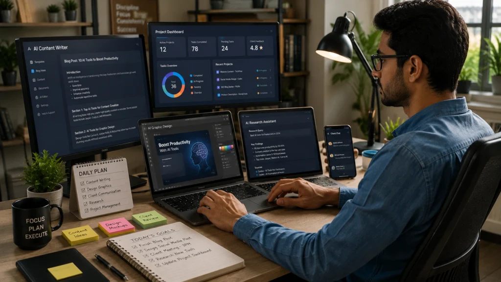Freelancer using AI tools such as ChatGPT, Notion AI, Grammarly, Perplexity AI, and Canva to manage projects, create content, conduct research, and improve productivity in a modern workspace.