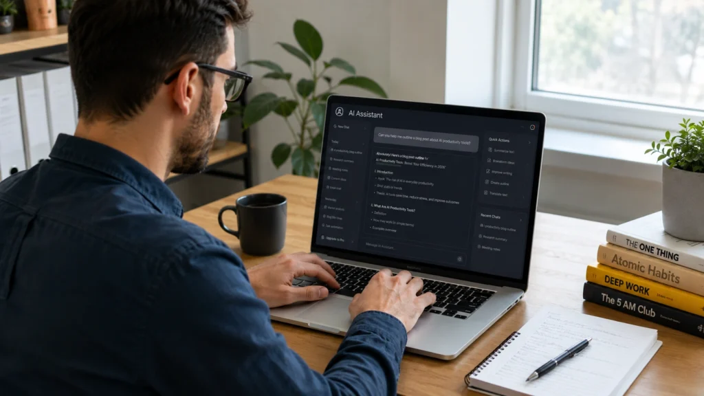 Professional using ChatGPT on a laptop as an AI personal assistant for writing, research, brainstorming, learning, and productivity management in a modern home office.