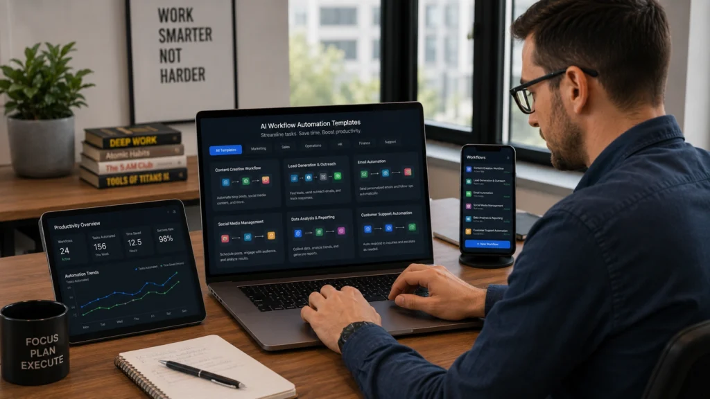 Professional building AI workflow automation systems on multiple devices to streamline content creation, marketing, reporting, and productivity tasks in a modern office environment.