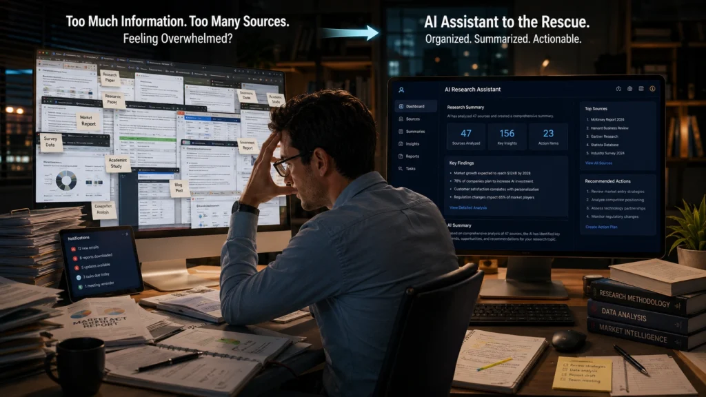 Researcher overwhelmed by multiple information sources on one screen while an AI research assistant organizes, summarizes, and analyzes data on another monitor in a modern office workspace.