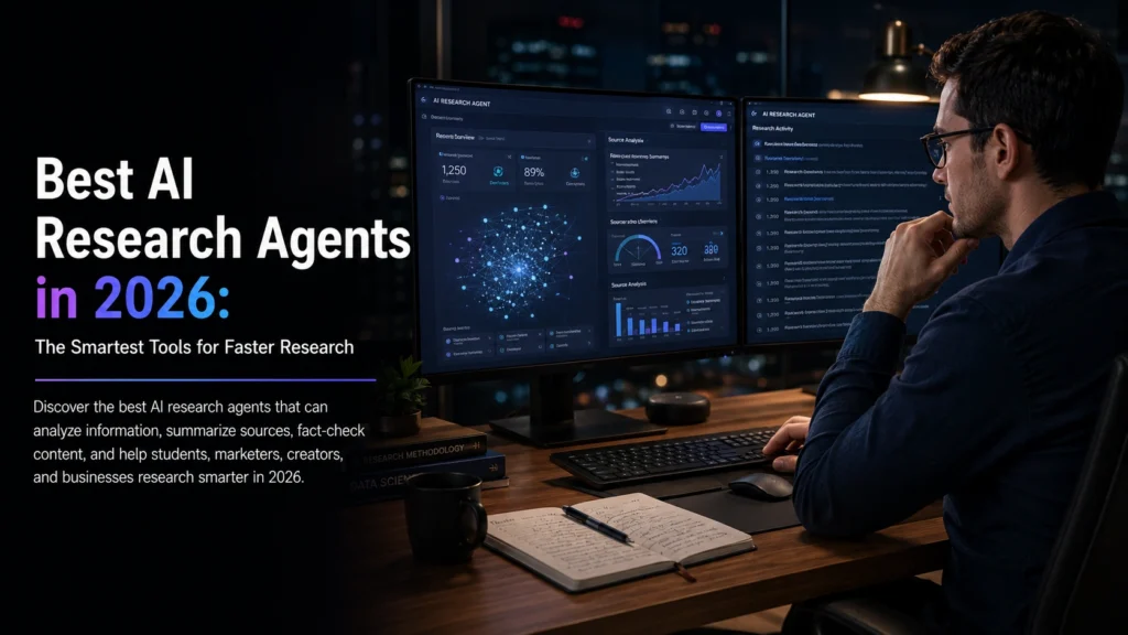 Professional using AI research agents on multiple monitors to analyze data, summarize information, fact-check sources, and accelerate research workflows in a modern workspace.