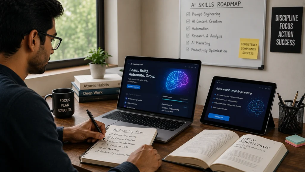 Professional learning valuable AI skills including prompt engineering, AI content creation, automation, research, digital marketing, and productivity optimization using laptops and AI-powered learning platforms.
