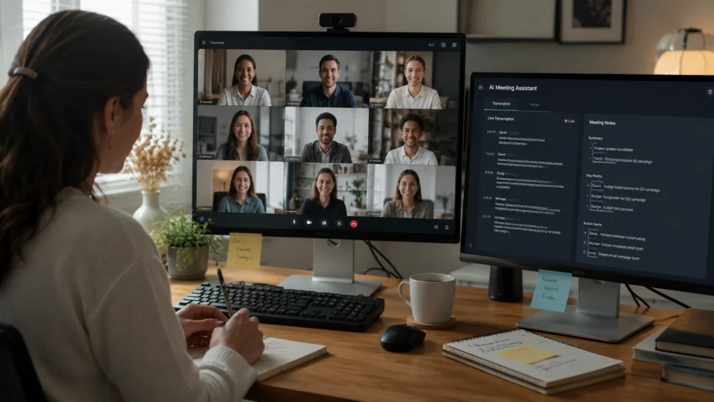 Professional using Fireflies AI during a virtual team meeting to record conversations, generate meeting summaries, extract action items, and improve collaboration.