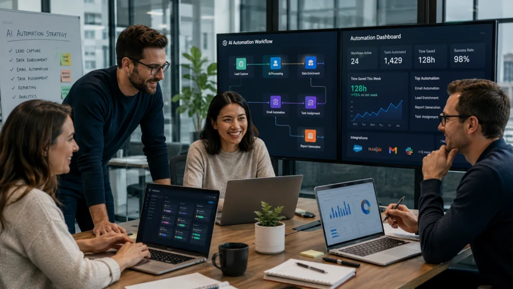 Team collaborating on AI workflow automation systems, reviewing automated business processes and productivity dashboards in a modern office environment.