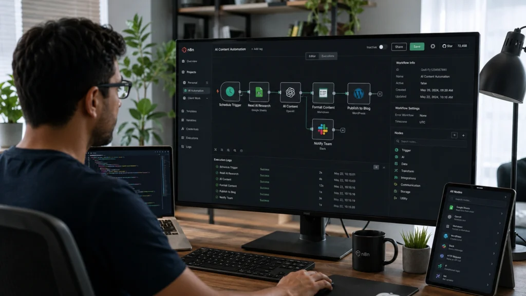 Developer using n8n workflow automation software to build self-hosted automation workflows, connect applications, and manage advanced business processes through a customizable dashboard.