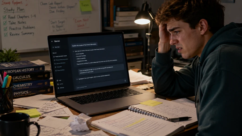 Frustrated student reviewing a Google Gemini response on a laptop screen, highlighting common mistakes such as copying answers, trusting AI without verification, and avoiding critical thinking.