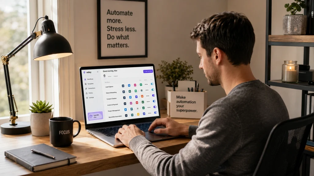 Professional using Relay.app workflow automation software to manage collaborative business processes that combine automation with human approvals and decision-making.