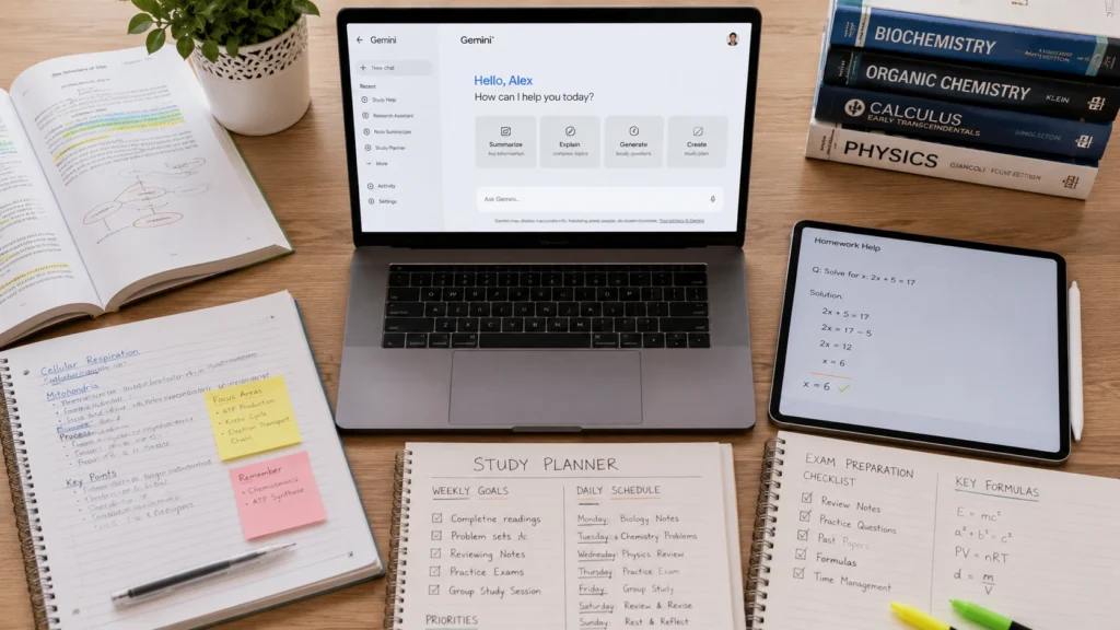 Google Gemini displayed on a laptop helping a student create a personalized study plan, surrounded by textbooks, notes, and academic materials.