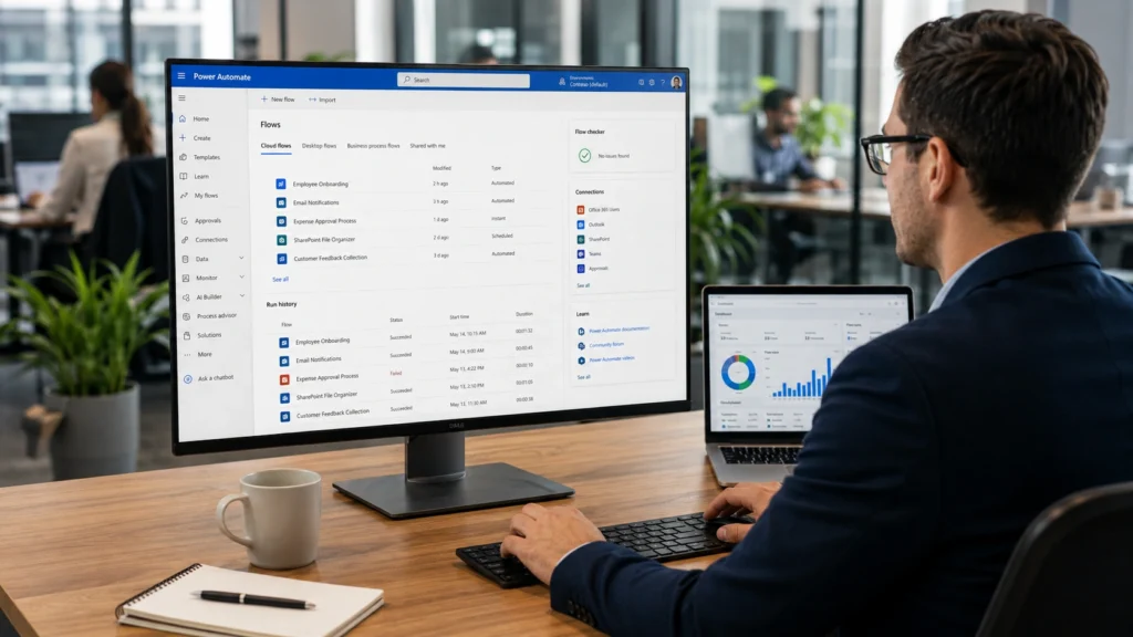 Professional using Microsoft Power Automate to automate business processes, manage workflows, and integrate Microsoft 365 applications in a modern office environment.